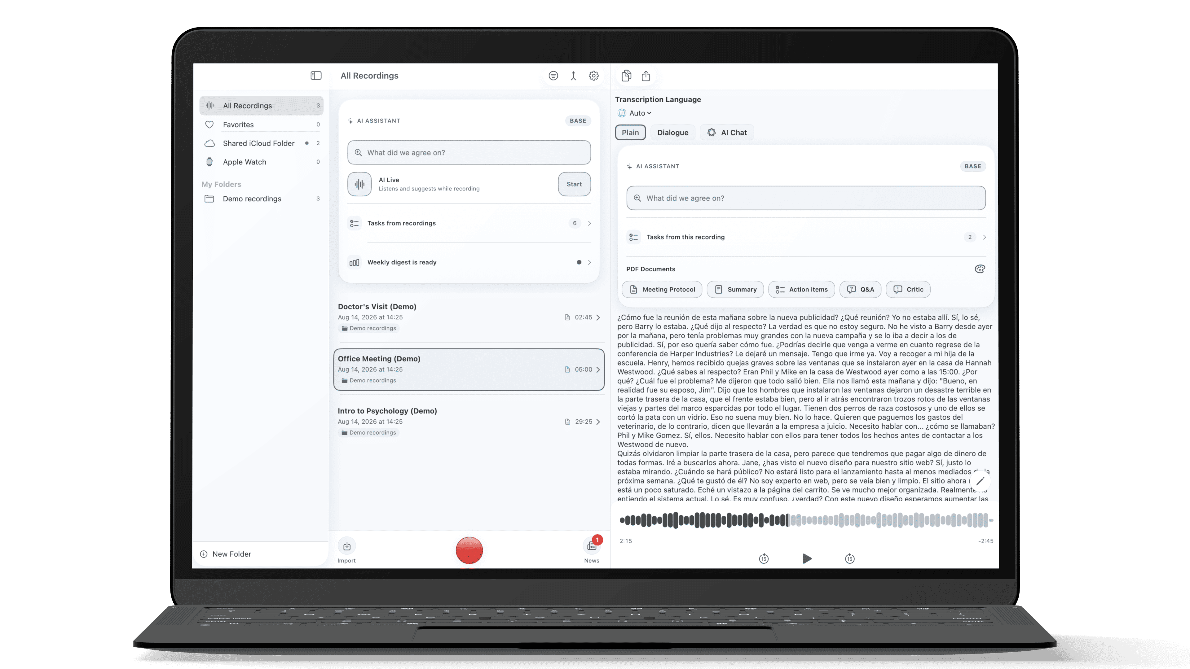 Lunir AI on macOS: recordings list, AI assistant and a transcript with playback